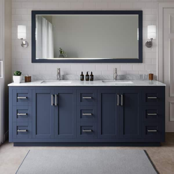 Miranda 84 in. W x 22 in. D x 33.75 in. H Double Sink Bath Vanity in Dark Blue with White Carrara Marble Top and Mirror