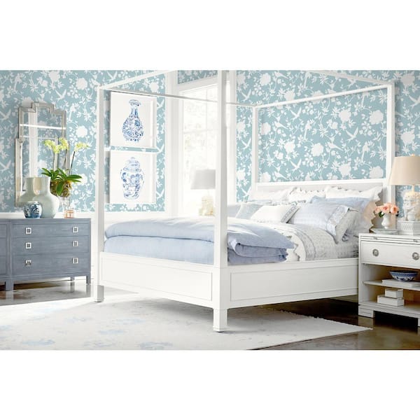 60.75 sq. ft. Coastal Haven Hampton Blue Kauai Bird Toile Embossed Vinyl Unpasted Wallpaper Roll