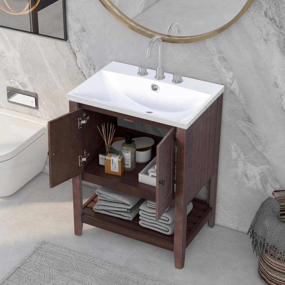 24" Brown Solid Wood Bath Vanity with White Ceramic Sink