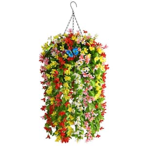 22 in. H Artificial Hanging Silk Lilies Flowers in Basket, Outdoor Indoor Patio Lawn Garden Decor, Multicolor