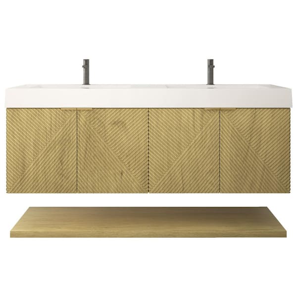 Stella 59 in. W x 20 in. D x 22 in. H Double Sink Teak Oak Bath Vanity with White Acrylic Top Floating Lower Shelf