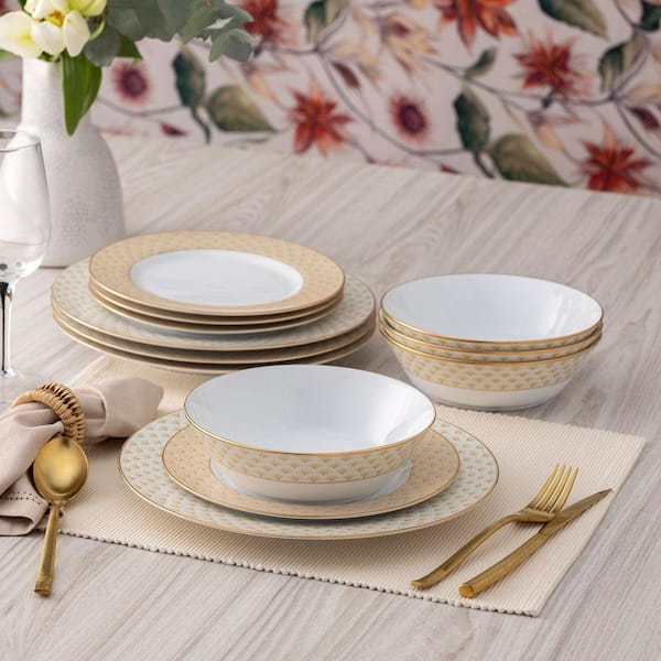 Trocadero Gold 12-Piece (Gold) Porcelain) Dinnerware Set, Service For 4
