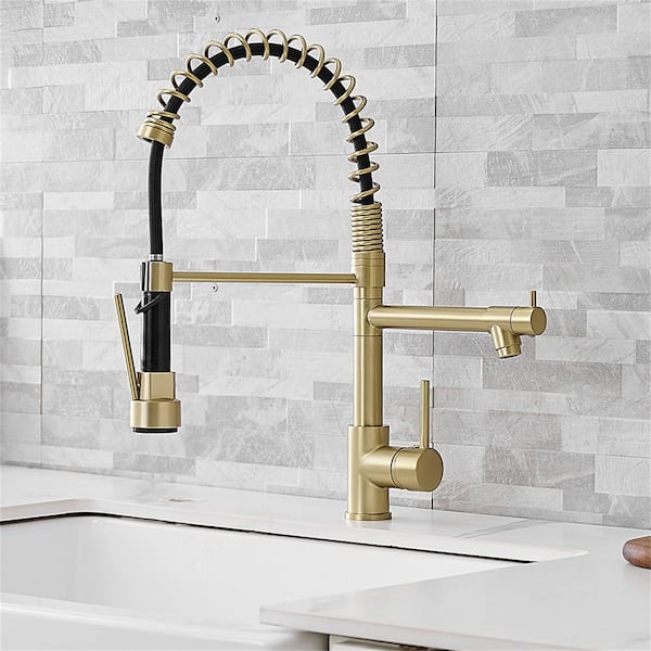 FLG Single Handle Pull Down Sprayer Kitchen Faucet Commercial Spring Kitchen Sink Faucet One Hole in Brushed Gold