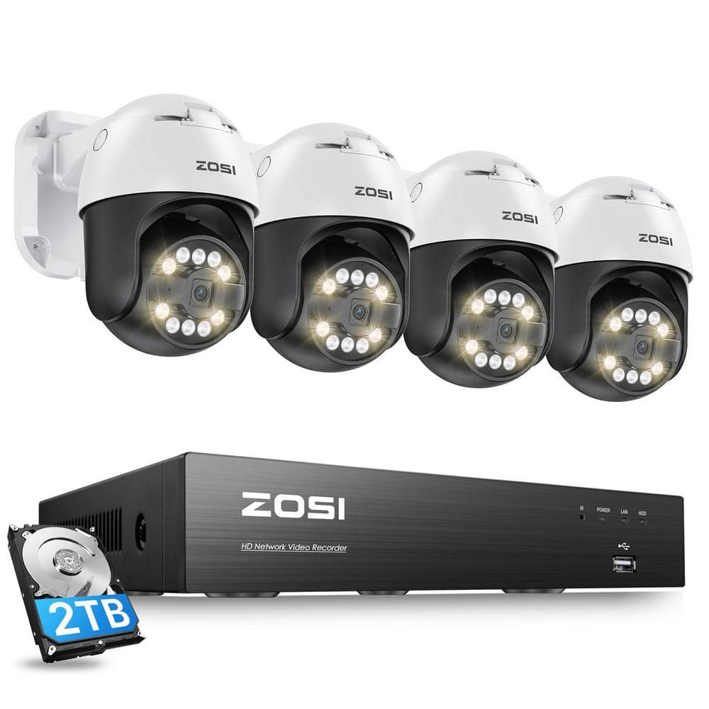 ZOSI 8-Channel 5MP 3K POE 2TB NVR Security Camera System with 4-Wired PTZ Outdoor Cameras, AI Smart Human Vehicle Detection, White -  8HN-2965W4-20