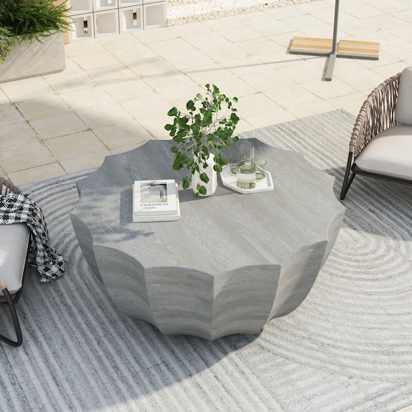 35.43 in. Outdoor Waterproof Coffee Table with Durable MgO Cement Design for Terraces, Gardens in Light Gray