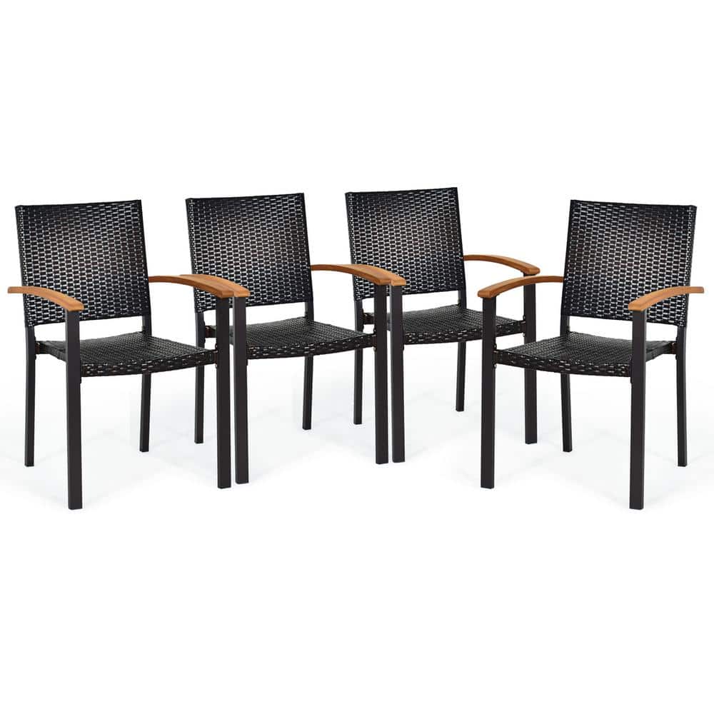 Rustic Wicker Dining Armchair with Cushions and Acacia Wood Armrests