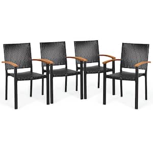 Black Non Stackable Wicker Outdoor Dining Chair with Steel Frame Acacia Armrests Indoor and Outdoor (4-Pack)
