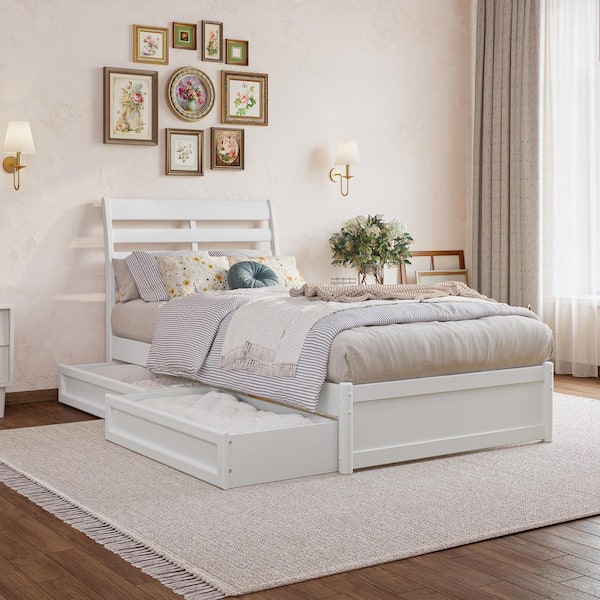 AFI Emelie White Solid Wood Frame Twin XL Platform Bed with Panel Footboard and Storage Drawers