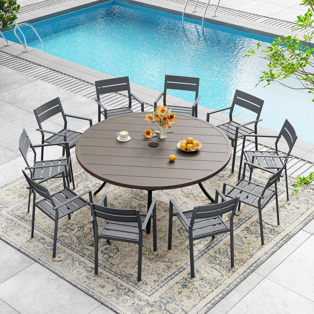 11-Piece Metal Outdoor Patio Dining Set with 60 in. Grey Wood-Like Round Slatted Table and 10 Grey Stackable Chairs price history on PriceWatchPro