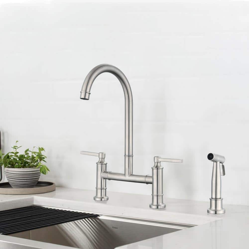 Double Handle Bridge Kitchen Faucet with Side Spray, Stainless Steel, 360°