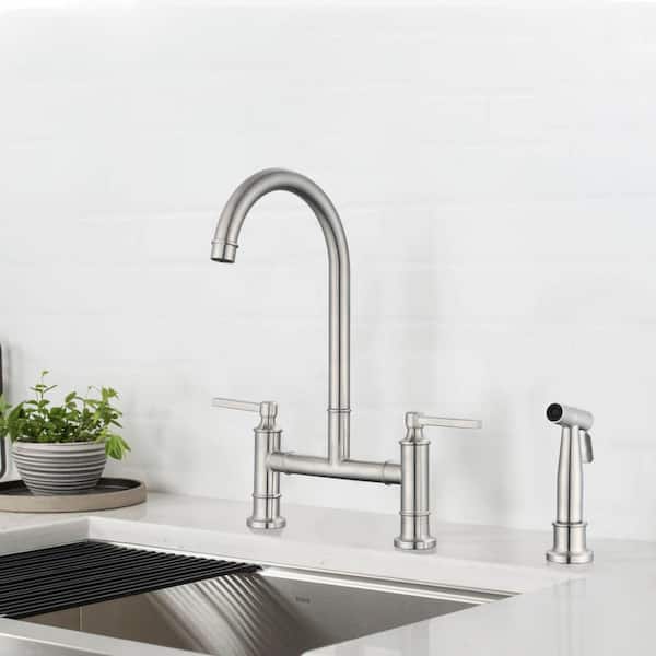 Unbranded Double Handle Bridge Kitchen Faucet with Side Spray, Stainless Steel, 360° Swivel in Silver