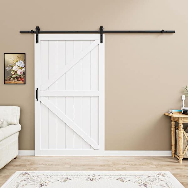48 in. x 84 in. K Shape White Primed MDF Assembly Required Sliding Barn Door Slab with Hardware Kit and Soft Close