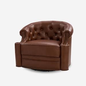 Amalia Brown 31.5 in. W Genuine Leather Swivel Chair with Tufted Back and Nailhead Trim Arm and Base
