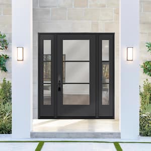 Legacy 64 in. x 80 in. Icon 3-Lite Modern Clear Glass RHIS Black Mahogany Fiberglass Prehung Front Door w/ Dbl 12 in. SL