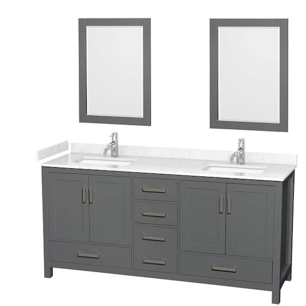 Wyndham Collection Sheffield 72 in. W x 22 in. D x 35 in. H Double Bath Vanity in Dark Gray with Carrara Cultured Marble Top & 24" Mirrors