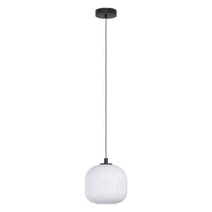 Mantunalle 7.87 in. W x 8.07 in. H 1-Light Black Globe Pendant with White Ribbon Glass Shade