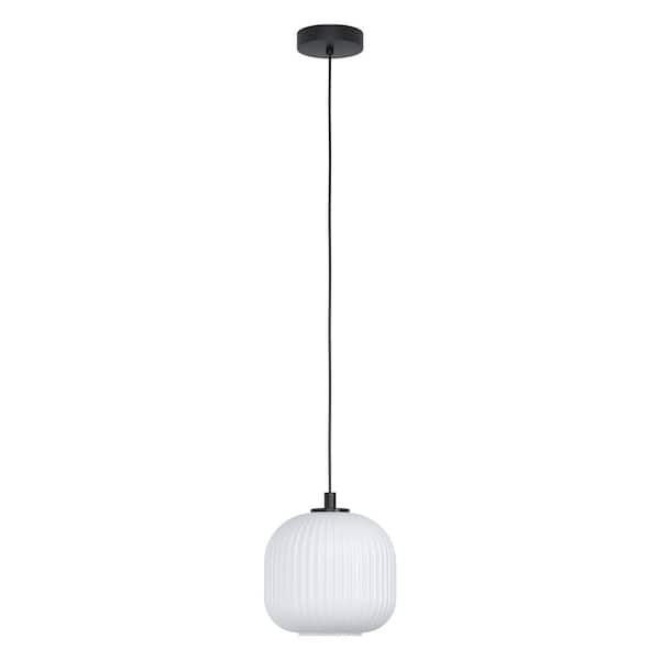 Eglo Mantunalle 7.87 in. W x 8.07 in. H 1-Light Black Globe Pendant with White Ribbon Glass Shade