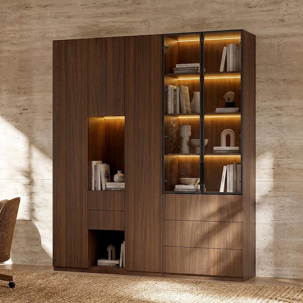 Homsee 92.5 in. Tall Walnut Wood 19-Shelf Accent Bookcase with LED