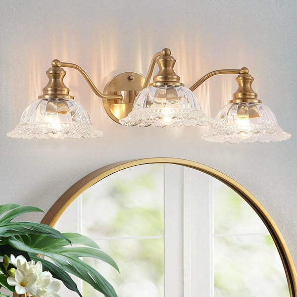 24 in. 3-Light Gold Vintage Bathroom Wall Sconce with Glass Lampshade, Bulb Not Included