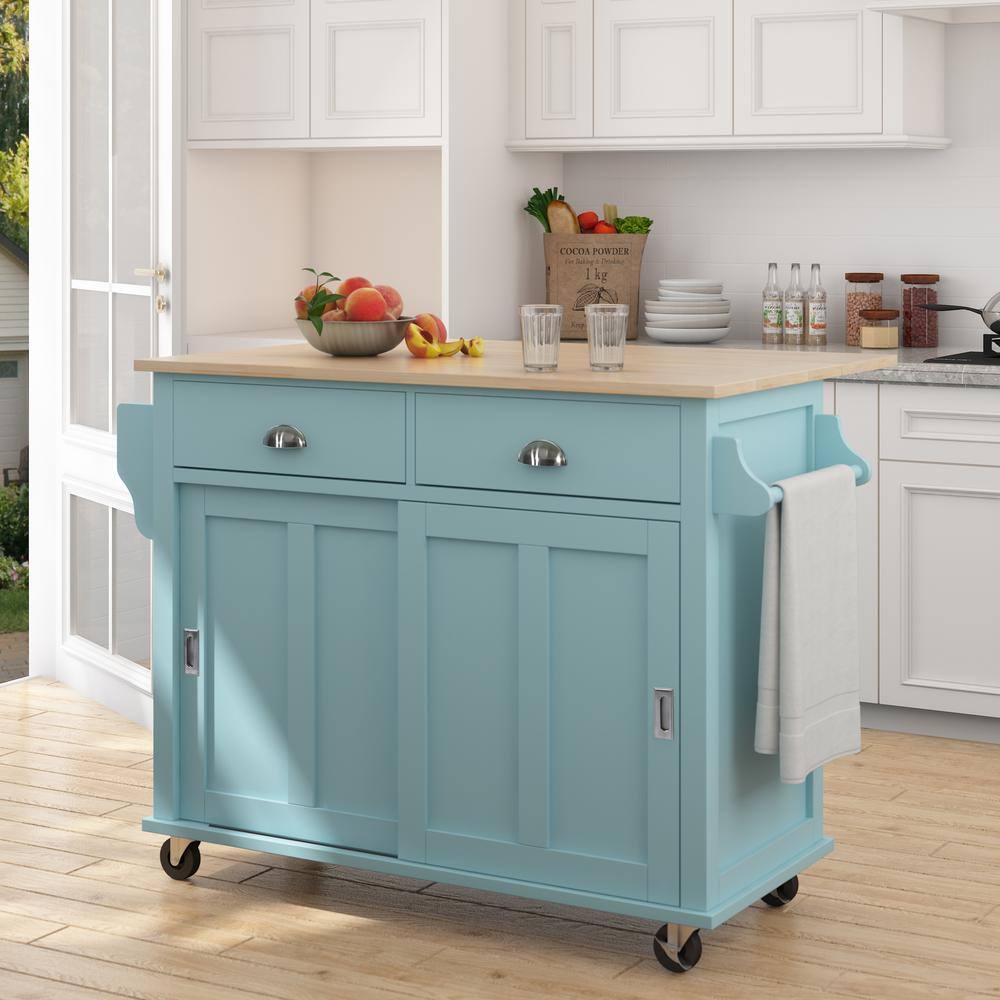Blue Drop-Leaf Rubberwood Countertop 52 in. Kitchen Island with Sliding Barn Door price history on PriceWatchPro