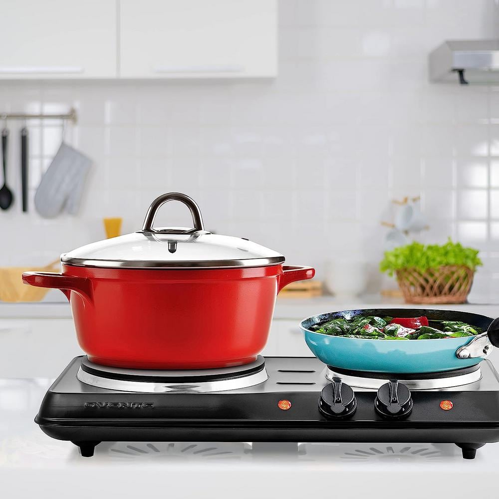 Black Double Burner Electric Cooktop with Cast Iron Plates
