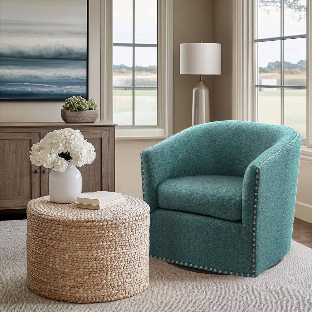 Curved Teal Swivel Lounge Chair with Pewter Nailhead Accents