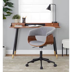 Vintage Mod Fabric Adjustable Height Office Chair in Grey Fabric, Walnut Wood and Black Metal with 5-Star Caster Base