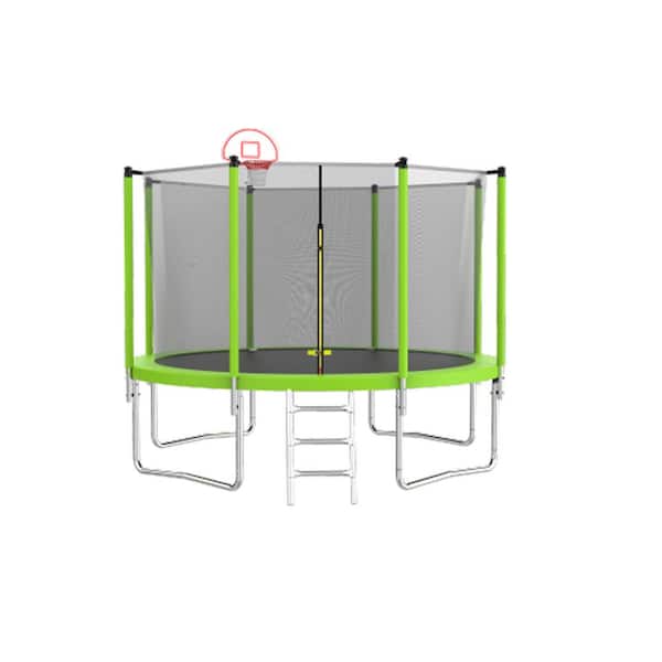 Boosicavelly 12 ft. Outdoor Green Heavy-Duty Round Trampoline with Enclosure with Basketball Hoop and Ladder