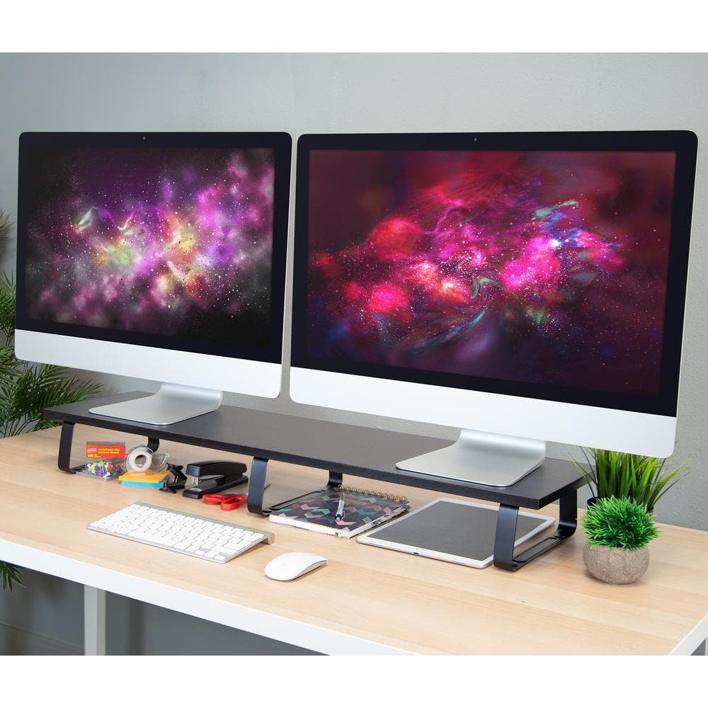 Extra Wide Black Steel and Wood Dual Monitor Stand