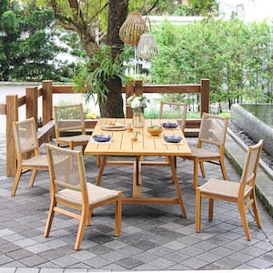 Carmel 7-Piece Teak Wood Outdoor Dining Set with Tan Poly rope