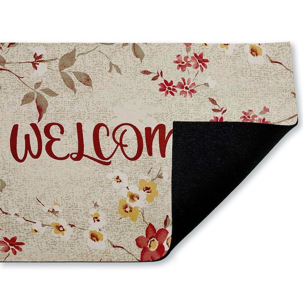 Welcome with Fall Blossoms Beige 18 in. x 30 in. Polyester Non-Slip Outdoor Door Mat