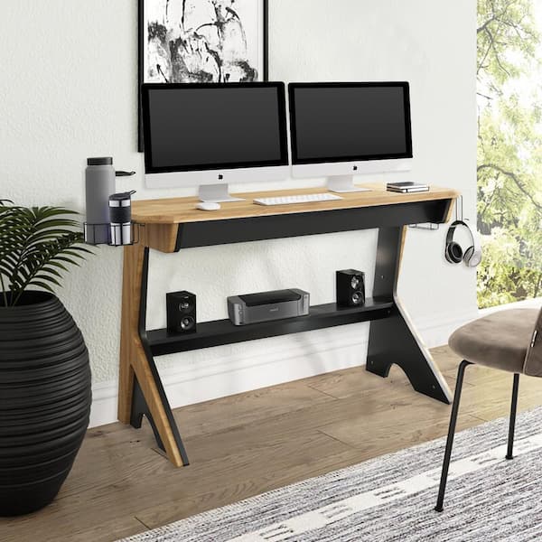 Bestier 63 inch Computer Desk with Storage Shelves, Modern Bookshelf with  Headphone Hook Light Grey 