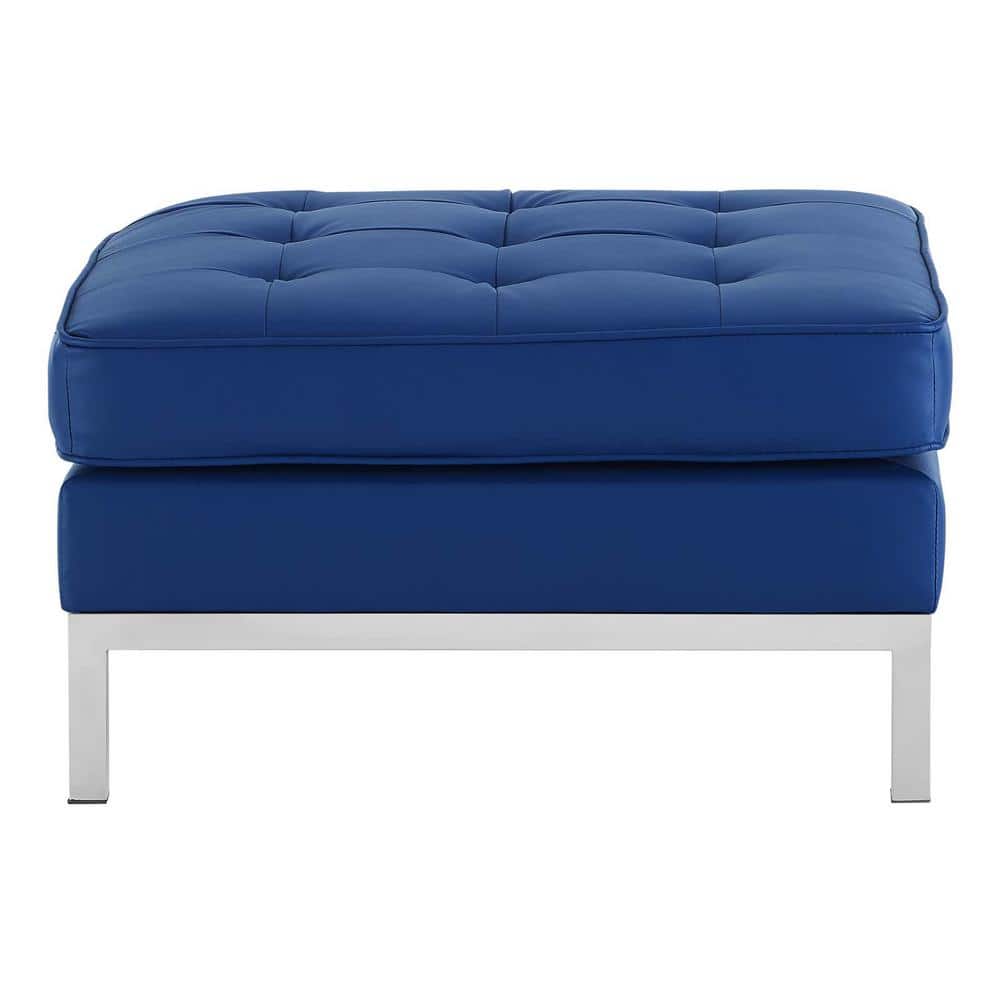 Silver Navy Tufted Faux Leather Ottoman with Stainless Steel Legs