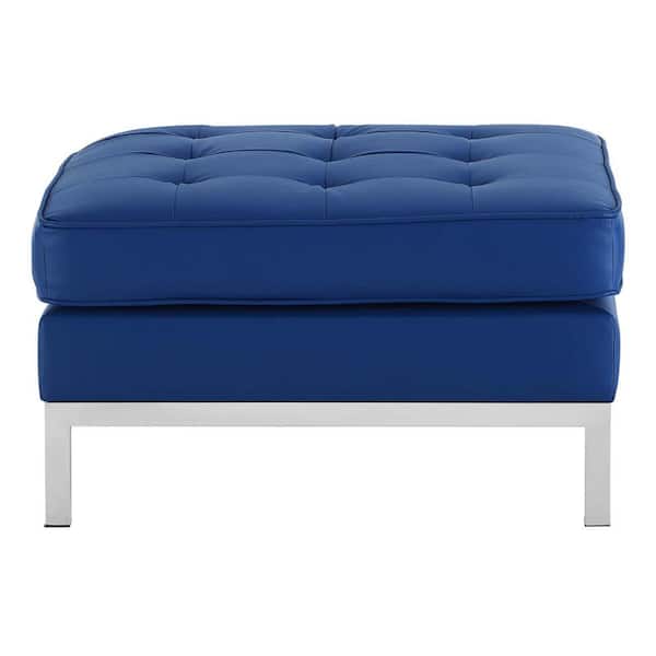 MODWAY Loft Silver Navy Tufted Button Upholstered Faux Leather Ottoman