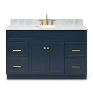 Hamlet 55 in. W x 22 in. D x 35.25 in. H Freestanding Bath Vanity in Midnight Blue with White Marble Top