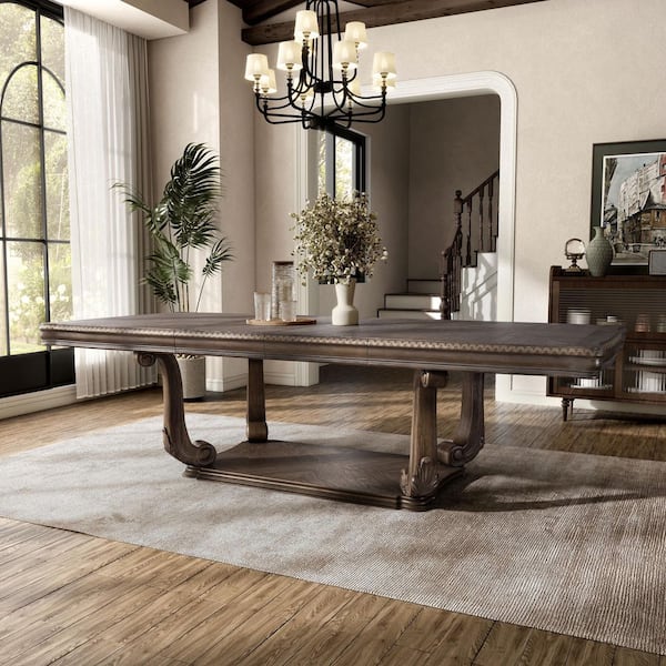 Banks Rustic Weathered Oak Extendable Wood Top 108 in. Pedestal Base Dining Table with Dentil Molding (Seats 6)