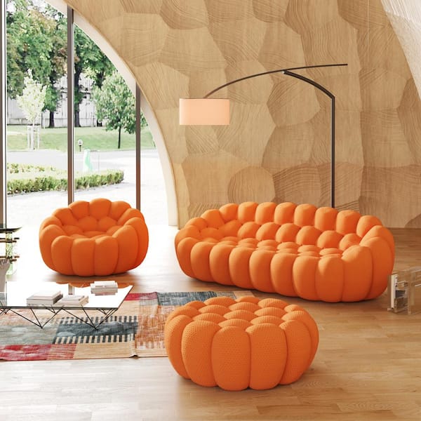 78 in. W Flared Arm 3D-Knitted Polyester 3-Piece Curved Modular Sectional Sofa in Orange with Ottoman