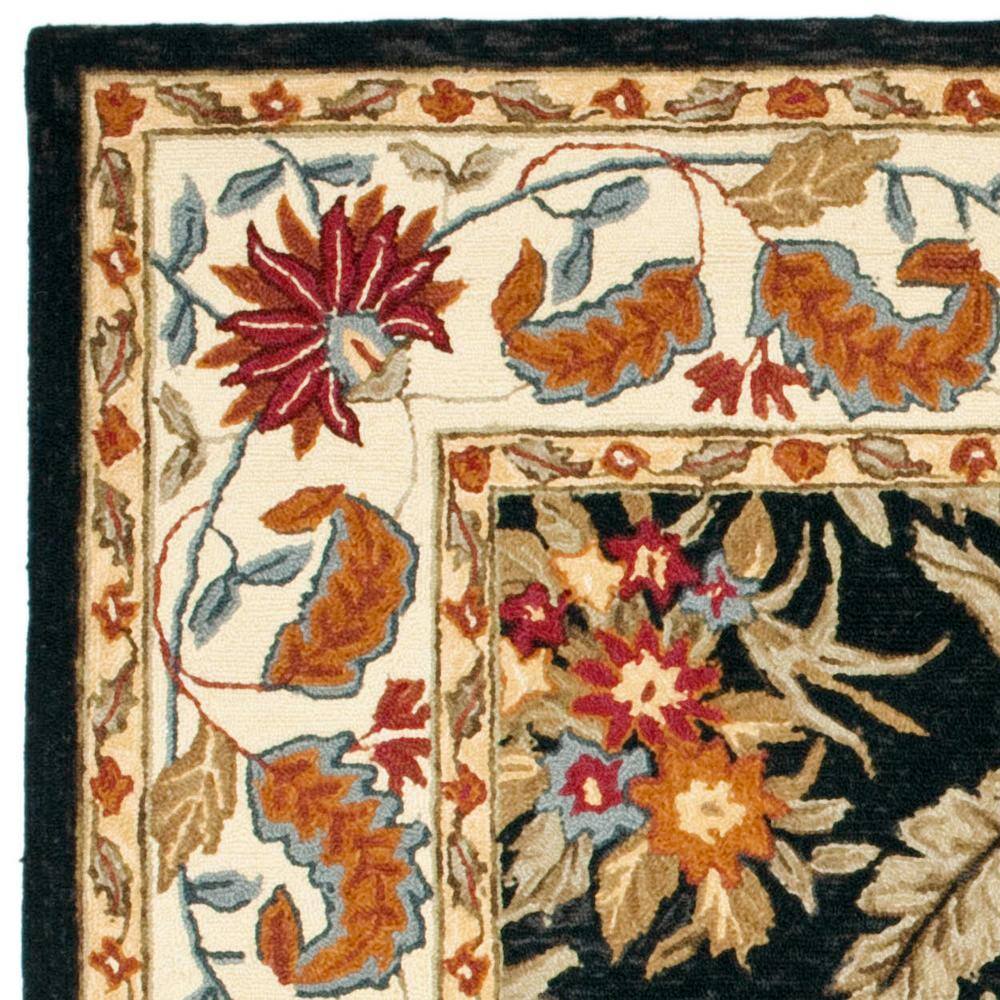 Black Floral Wool Hand-Hooked Square Area Rug, 6' x 6'