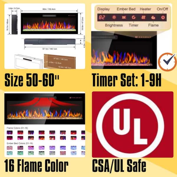 60 in. Wall Mounted Electric Fireplace Recessed Ultra Thin Tempered Glass Front Heater with Remote, Multi-Color Flame