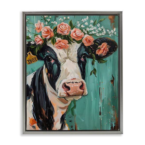Floral Cow on teal by LSR Design Studio Gray Floater Frame Animal Graphic Art Print 31 in. x 25 in.