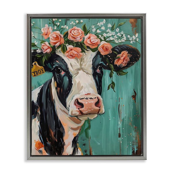 Stupell Industries Floral Cow on teal by LSR Design Studio Gray Floater Frame Animal Graphic Art Print 31 in. x 25 in.