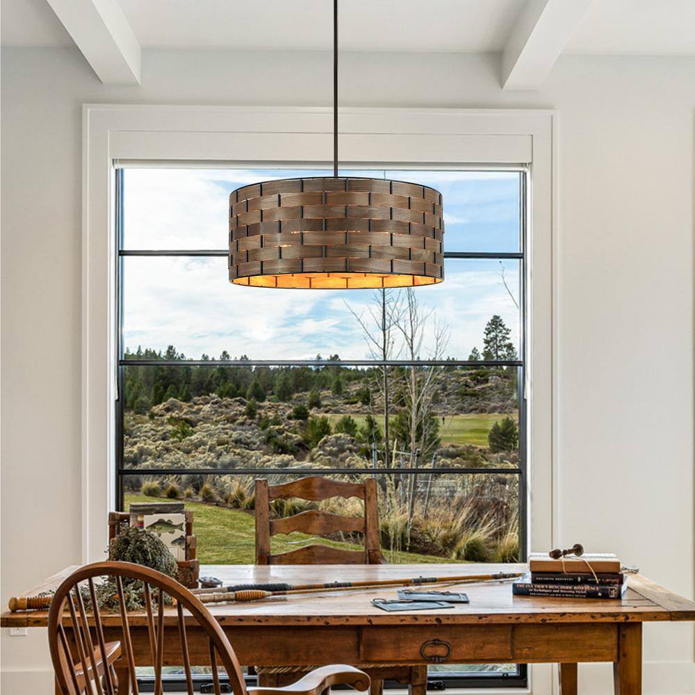 Walnut Wood Veneer Drum Pendant Chandelier with Black Metal Frame