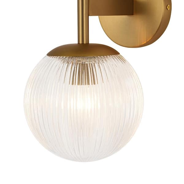 Noble 6.3 in. 2-Light Vintage Brushed Gold Vertical Design Wall Sconce with Clear Globe Ribbed Glass Shade