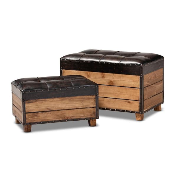 Baxton Studio Marelli Dark Brown and Golden Oak Storage Ottoman Set