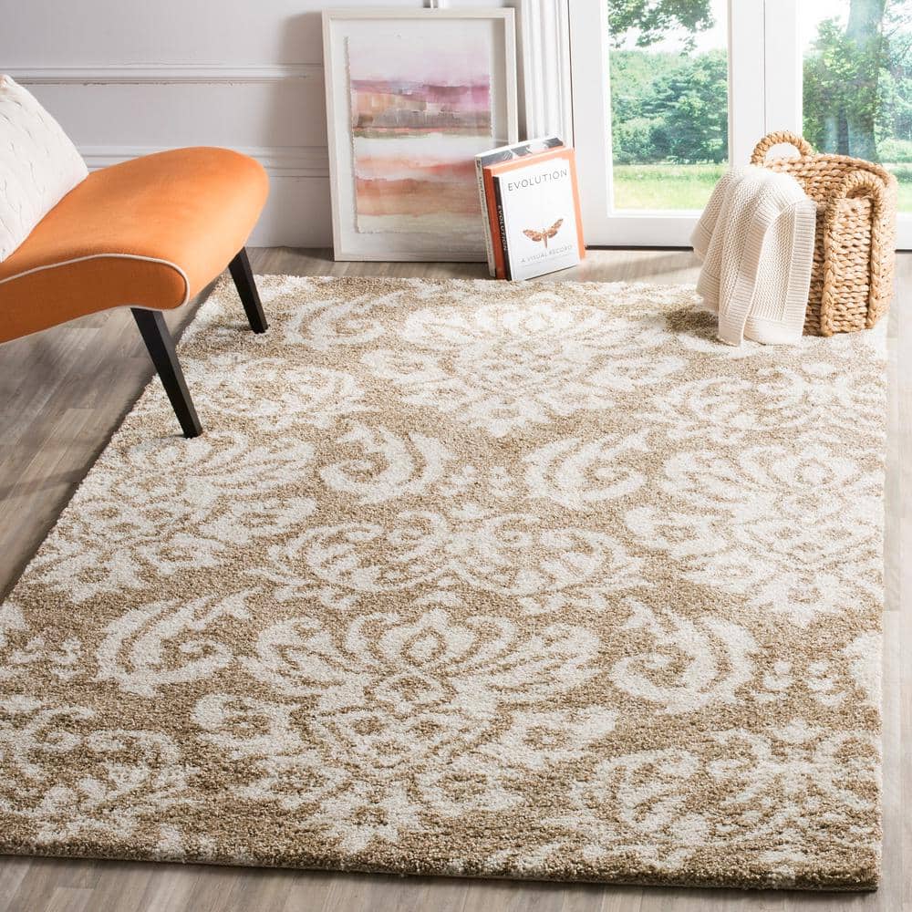 Beige and Cream Floral Shag Synthetic Area Rug