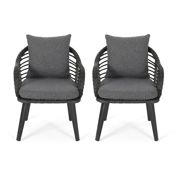 Noble House Tatiana Black Removable Cushions Faux Rattan Outdoor Patio Club Chair with Dark Grey Cushion (2-Pack)