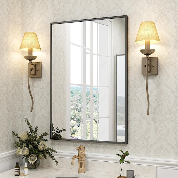 GLSLAND 26 in. W x 38 in. H Rectangular Metal Framed Wall Bathroom Vanity Mirror Black
