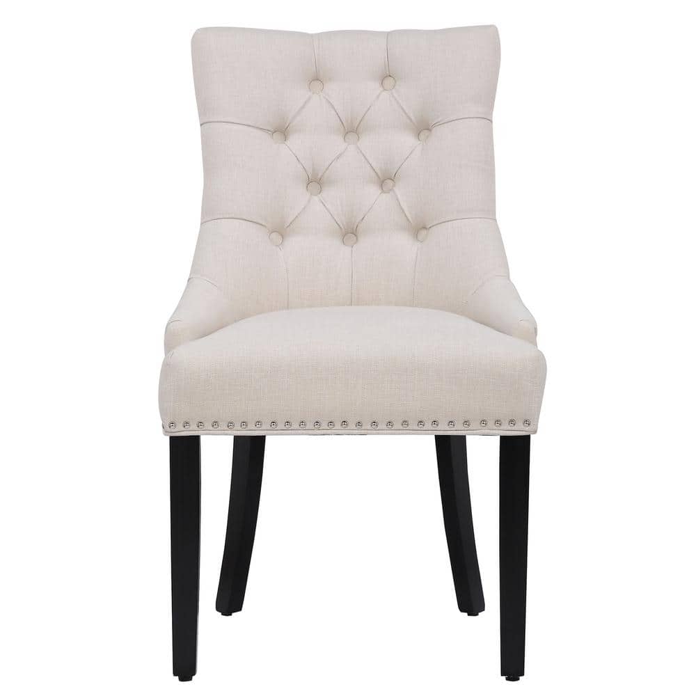 Beige Linen Tufted High-Back Wooden Side Chair