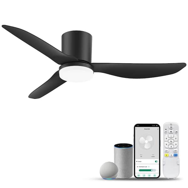 42 in. Smart Outdoor Indoor Black Flush Mount Ceiling Fans with Lights Remote, WIFI Alexa App workable, Quiet DC Motor