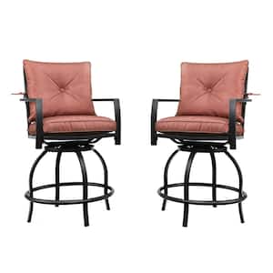 Swivel Metal Outdoor Bar Stool with Red Cushion (2-Pack)
